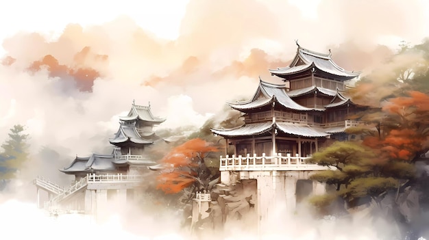 Un dipinto di un tempio giapponese in montagna