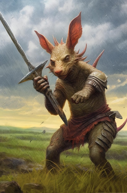 Un dipinto di un topo che impugna una spada sotto la pioggia.