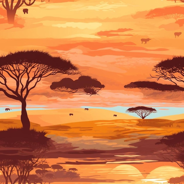Un dipinto di un tramonto con animali sullo sfondo.