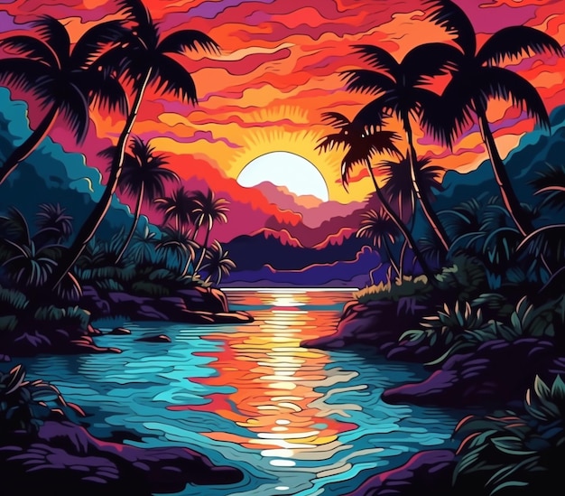 un dipinto di un tramonto con palme e un fiume ai generativo