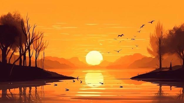Un dipinto di un tramonto con uccelli che volano nel cielo.
