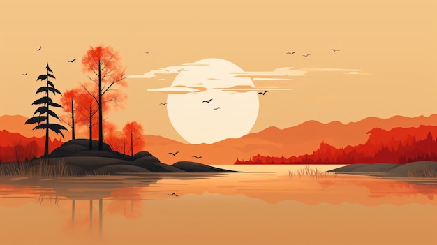 un dipinto di un tramonto con uccelli che volano sopra un lago