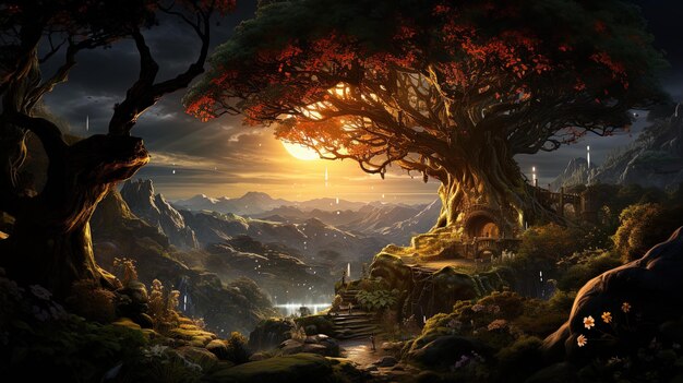 un dipinto di un tramonto con un albero e montagne sullo sfondo