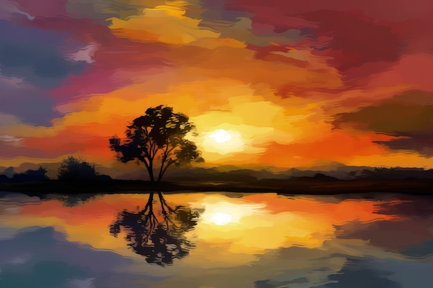 Un dipinto di un tramonto con un albero in primo piano IA generativa