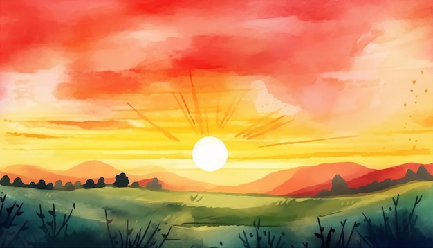 Un dipinto di un tramonto con un campo verde e alberi sullo sfondo.