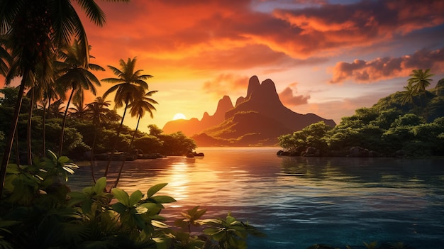 un dipinto di un tramonto con un'isola tropicale sullo sfondo