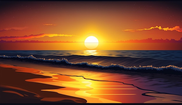 Un dipinto di un tramonto con una grande onda in primo piano.