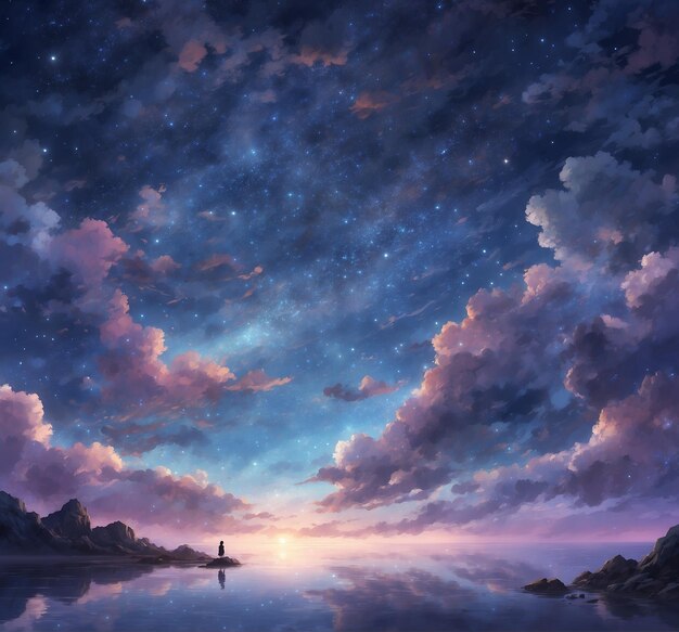 un dipinto di un tramonto con una persona in acqua e una barca in primo piano