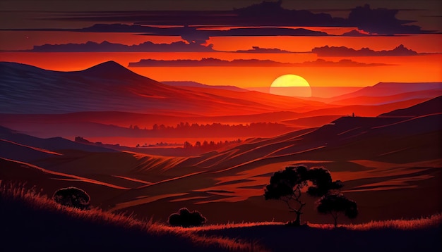 Un dipinto di un tramonto in montagna IA generativa