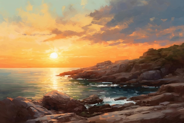 Un dipinto di un tramonto in riva al mare
