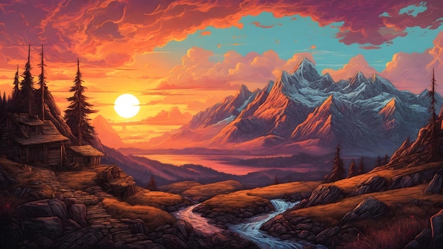 Un dipinto di un tramonto nel paesaggio apocalittico delle montagne