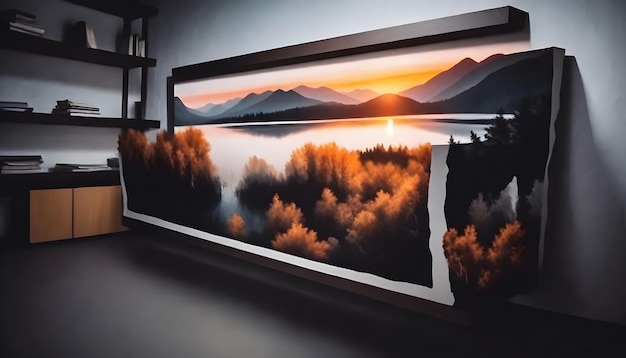 un dipinto di un tramonto su un lago con una vista sulla montagna