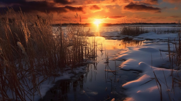 Un dipinto di un tramonto su un lago ghiacciato