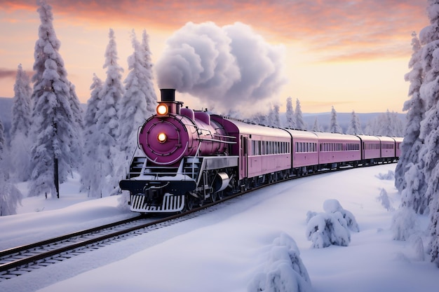 Un dipinto di un treno sui binari La locomotiva a vapore si muove attraverso la foresta innevata in inverno lungo i binari della ferrovia Sbuffi di fumo dal camino di un treno retrò