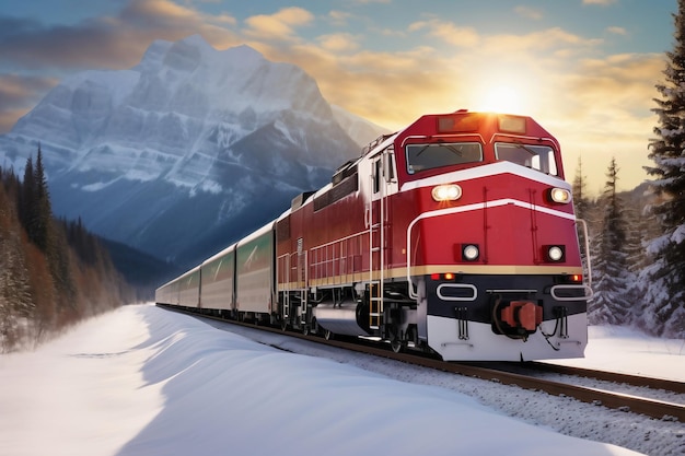 Un dipinto di un treno sui binari Una moderna locomotiva merci si muove attraverso una foresta innevata in montagna in inverno sui binari ferroviari Trasporto di merci su rotaia