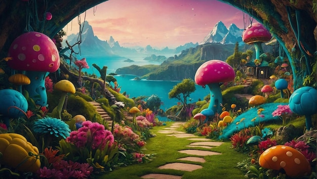 un dipinto di un tunnel con un fungo e un sentiero che porta a una montagna