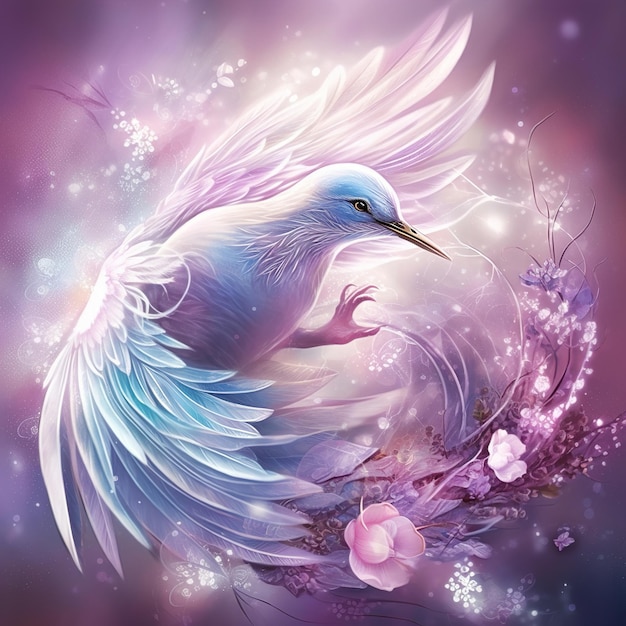 Un dipinto di un uccello bianco con ali blu e fiori