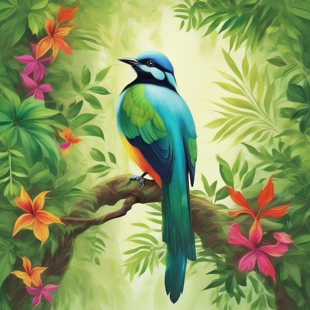 un dipinto di un uccello blu e giallo su un ramo con fiori e foglie