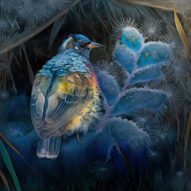 Un dipinto di un uccello con piume blu e gialle e un corpo blu e giallo.