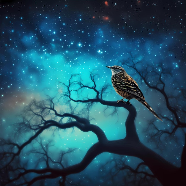 Un dipinto di un uccello su un ramo di un albero con stelle sullo sfondo.