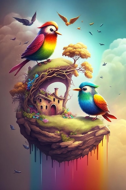 Un dipinto di un uccello su una piccola isola con una casa sullo sfondo.