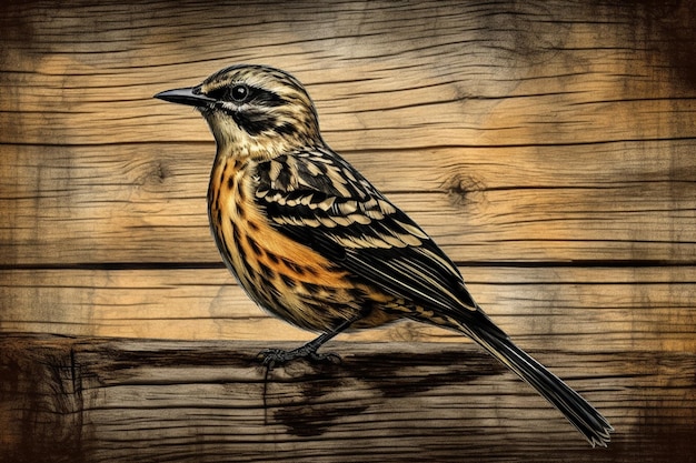 Un dipinto di un uccello su uno sfondo di legno