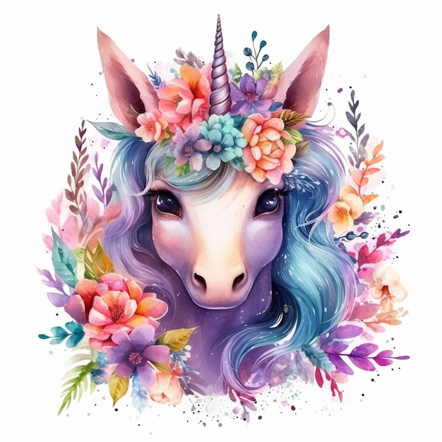 Un dipinto di un unicorno con fiori e foglie sulla testa generativo ai