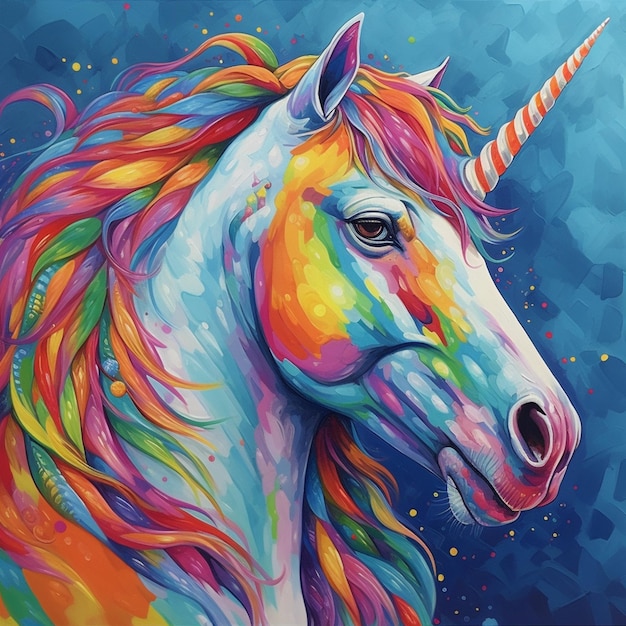 Un dipinto di un unicorno con una criniera arcobaleno e la parola unicorno sopra.