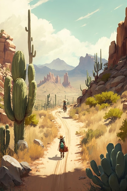 Un dipinto di un uomo che cammina lungo una strada sterrata con le montagne sullo sfondo.