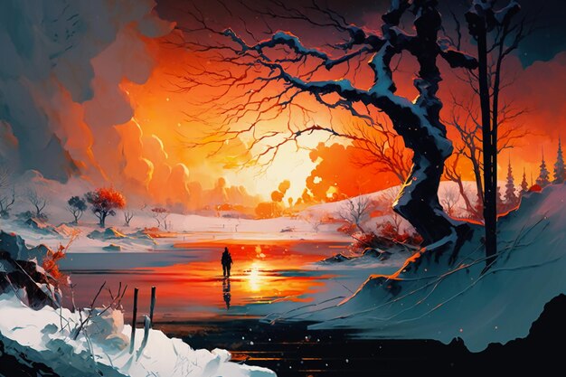 Un dipinto di un uomo che cammina su un lago ghiacciato con un albero in primo piano.