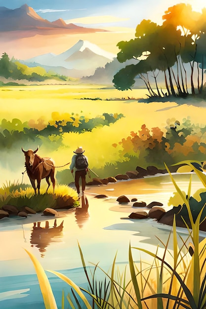 Un dipinto di un uomo che cammina su una mucca vicino a un fiume.