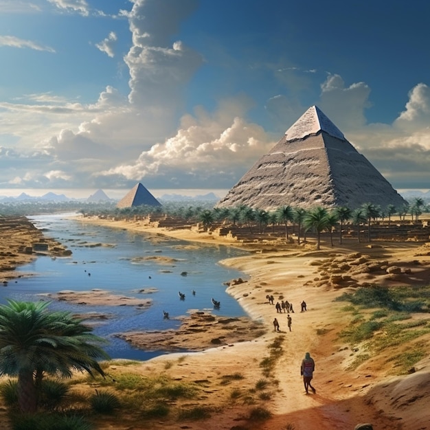 Un dipinto di un uomo che cammina verso una piramide con un fiume e un uomo in primo piano