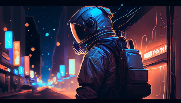 Un dipinto di un uomo che indossa un casco e guarda una strada con un cartello che dice astronauta.