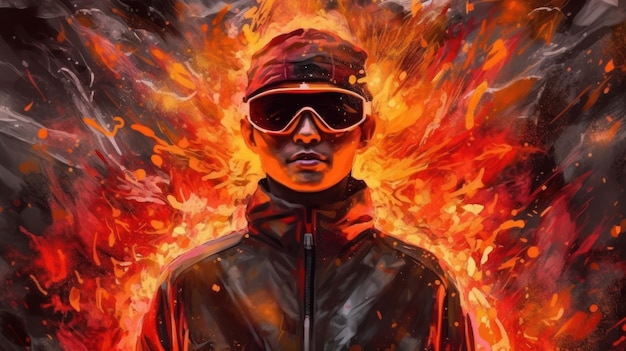 Un dipinto di un uomo che indossa una giacca con sopra la parola fuoco.