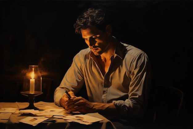 un dipinto di un uomo che legge un libro con una candela in mano.