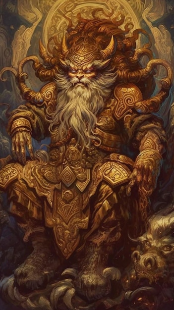 Un dipinto di un uomo con barba e barba bianca siede su un trono.