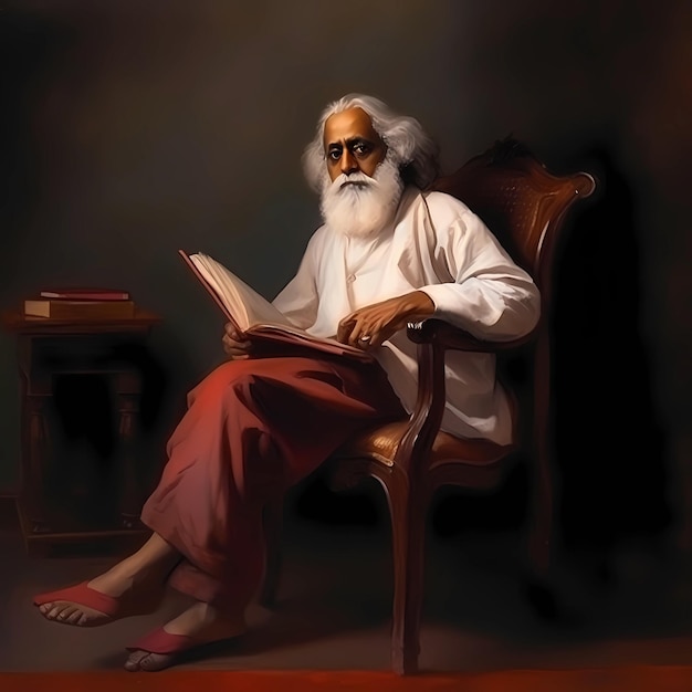 Un dipinto di un uomo con la barba bianca e gli occhiali che legge un libro