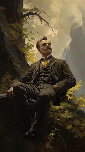 un dipinto di un uomo con una cravatta e una foto di un uomo seduto su una sedia