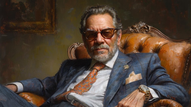 Un dipinto di un uomo in abito e cravatta seduto su una sedia ai