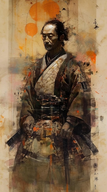 Un dipinto di un uomo in kimono con la parola samurai sul davanti.