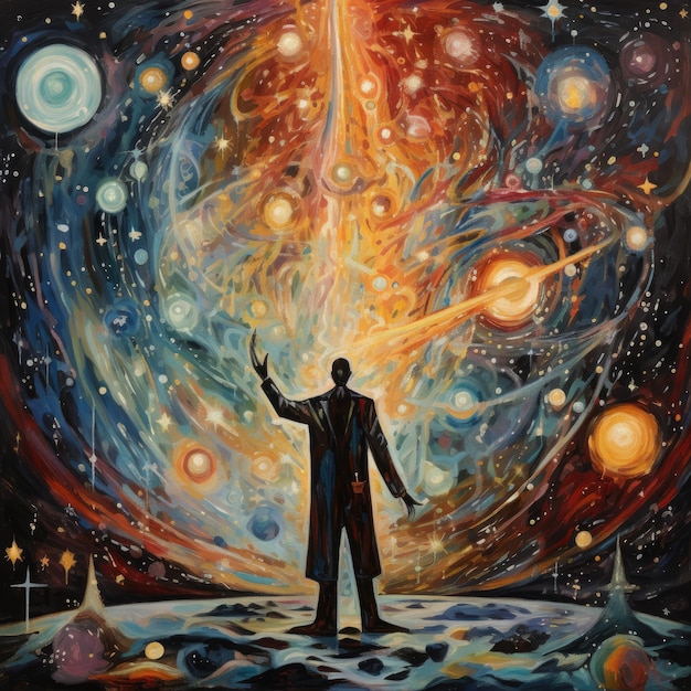 un dipinto di un uomo in piedi davanti a un pianeta con l'uomo in abito.