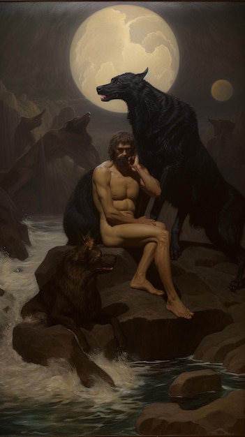 Un dipinto di un uomo seduto accanto a un lupo.
