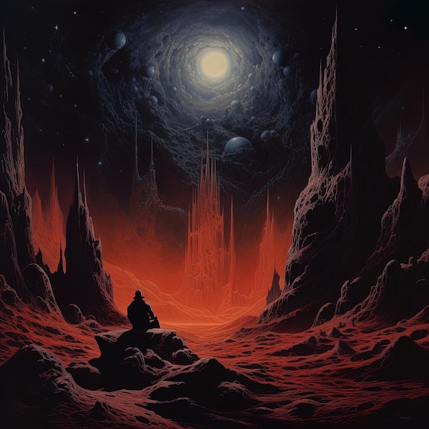 un dipinto di un uomo seduto in una grotta con una luna sullo sfondo
