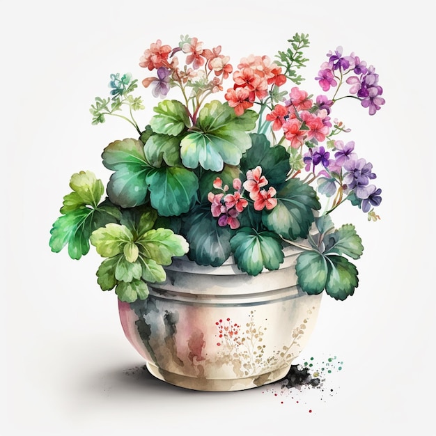Un dipinto di un vaso con fiori e la parola " geranio " su di esso.