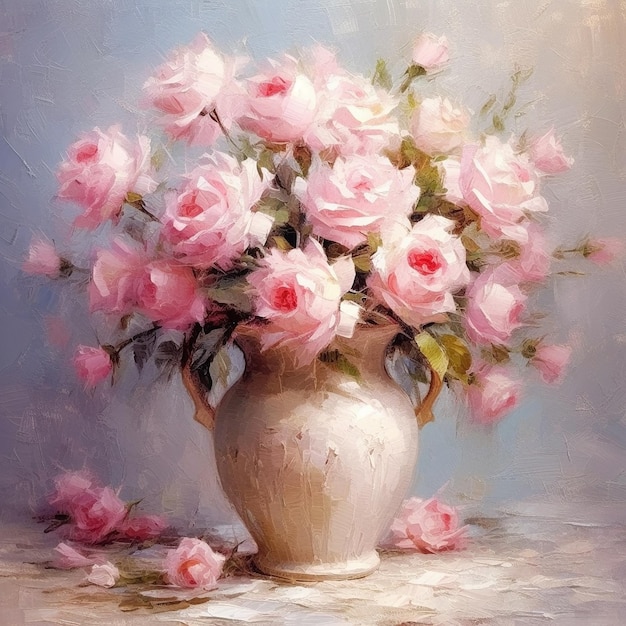 un dipinto di un vaso con rose rosa dentro