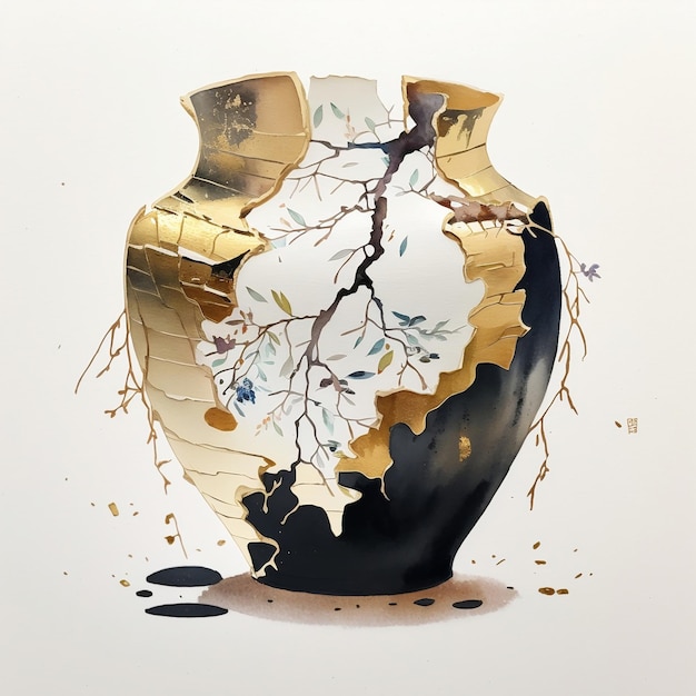 Un dipinto di un vaso con un'opera d'arte rotta che dice la parola sopra