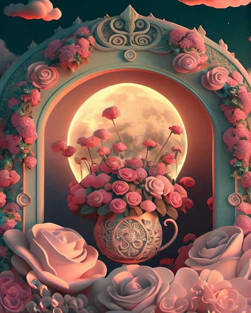 Un dipinto di un vaso di fiori con dietro una luna rosa.