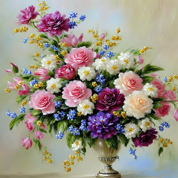 Un dipinto di un vaso di fiori con fiori blu e rosa.
