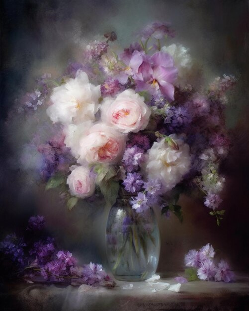 Un dipinto di un vaso di fiori con fiori viola sul tavolo.