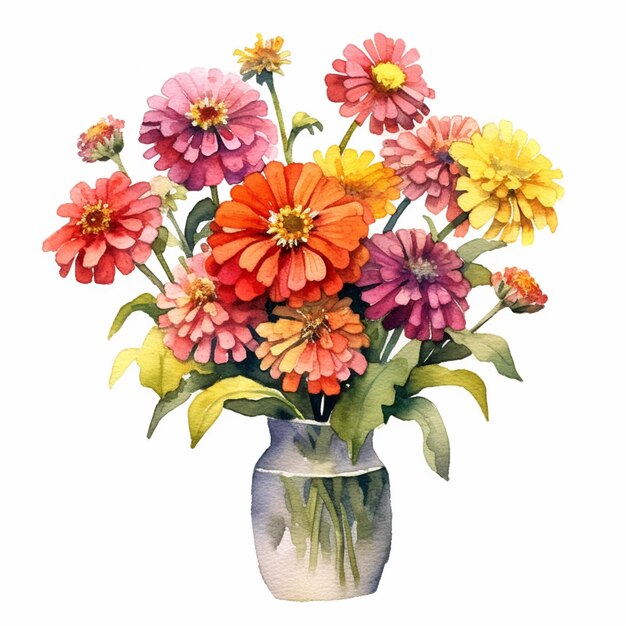 Un dipinto di un vaso di fiori con foglie verdi
